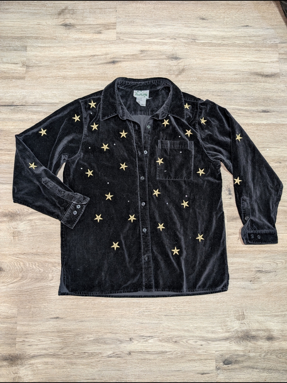 Vintage Quacker Factory Black Velvet Button-Down Shirt Gold Stars & Rhinestones